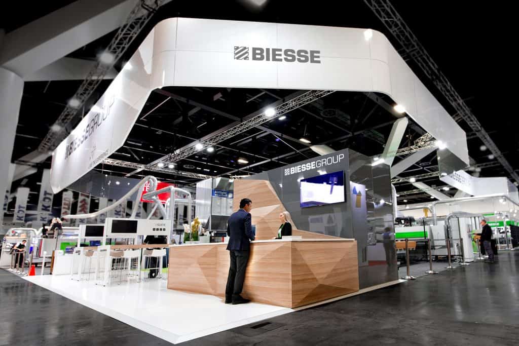 Biesse custom showstopper exhibition stand at AWISA 2018 by Expocentric.com.au